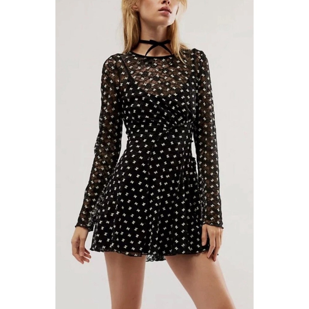 Free People sz L Womens Sheer Delight Open Back Long Sleeve Velvet Print Dress